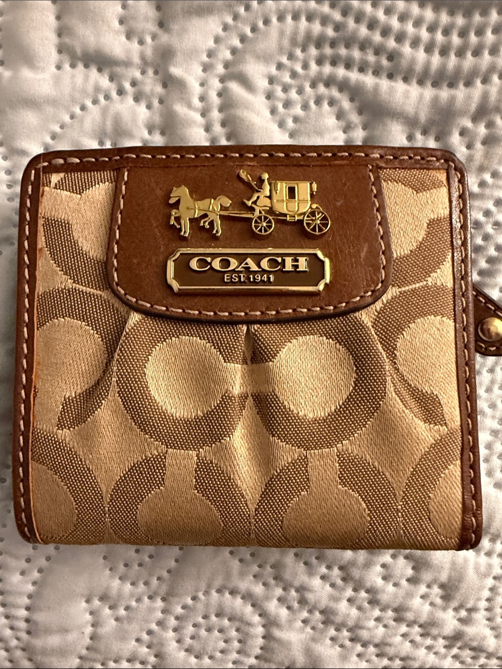 Coach Tan and Brown Signature Canvas Card Holder with Gold Hardware